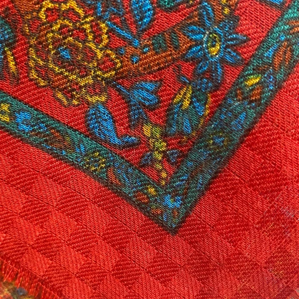 Vintage Made in Italy Red Floral Paisley Square Scarf Fringed 31x31